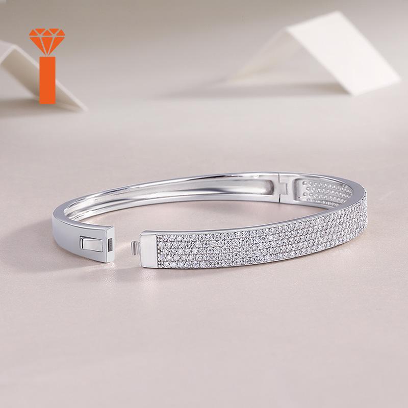 Unique Dense Paved Slim Band Moissanite Bangle S925 Sterling Silver Rhodium Plated Stackable Minimalist Women Everyday Bangle