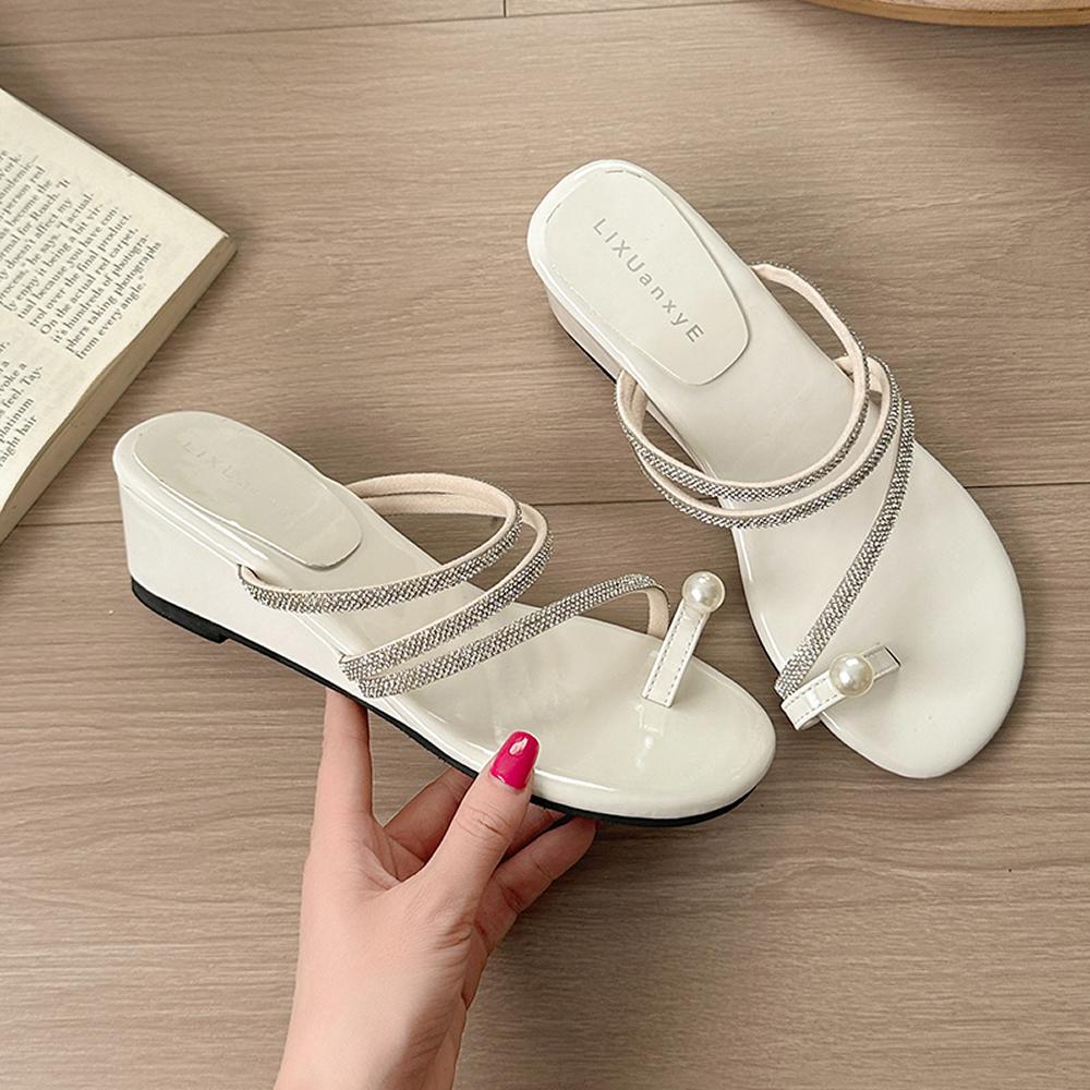 

Pearl Embellished Retro Style Women s Sandals Summer New High Heel Platform Slippers Outdoor Wear Diamond Decorated Slip-On Shoe 35 бежевий