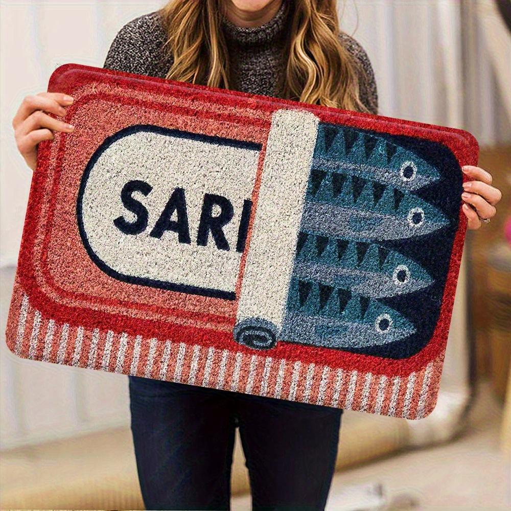 Sardine Can Doormat, Red White Pattern Flannel Rug, Thickened Absorbent Non-Slip Door Carpet for Entryway