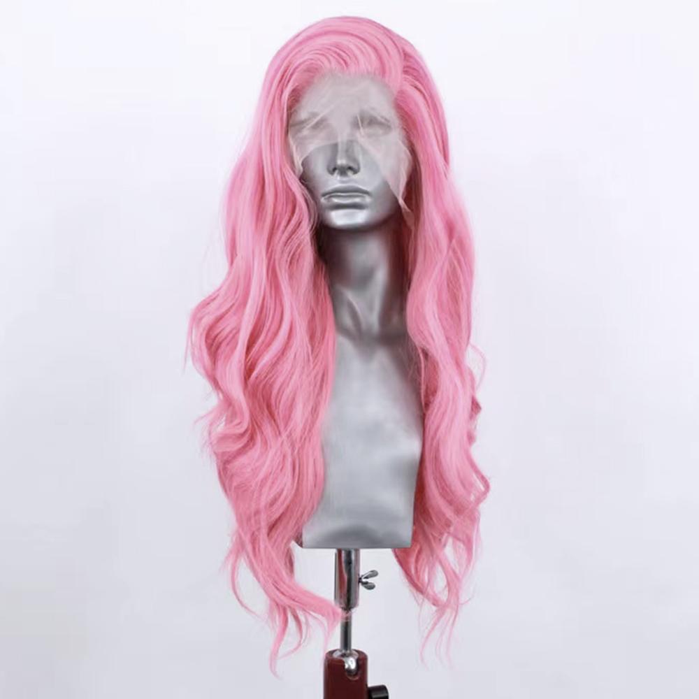 AIMEYA Pink Lace Wig Long Body Wave Side Part Synthetic Lace Front Wig Heat Resistant Synthetic Hair Daily Use Cosplay Wig