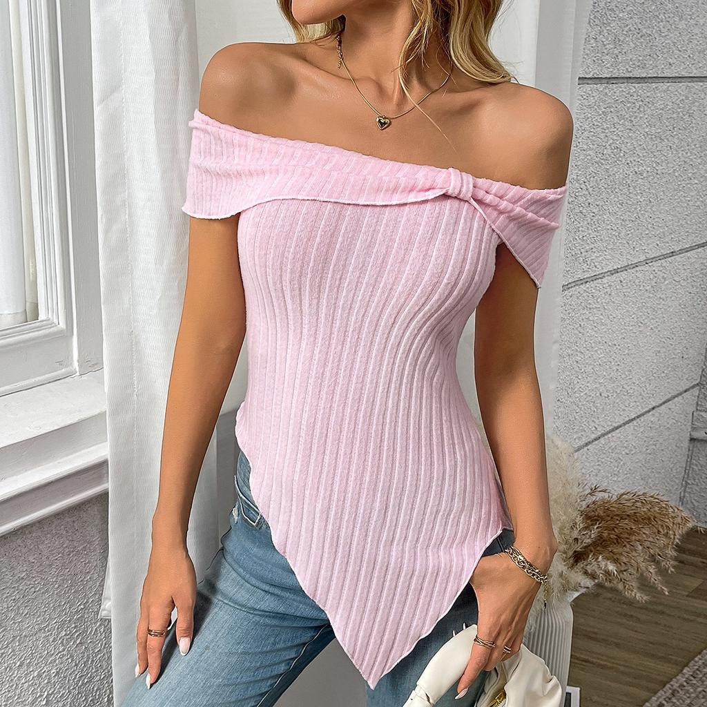Summer Women's Slim Asymmetrical One Shoulder Sweet Sexy T-shirt Top, Crossbody Europe America Casual Tee