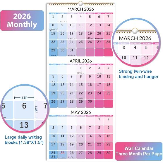 2026 Wall Calendar - 3 Month Wall Calendar 2026 Vertical, Dec. 2025 - Jan. 2027, 11.3" x 26", Calendar 2026, Lay - Flat, Holidays, Blocks