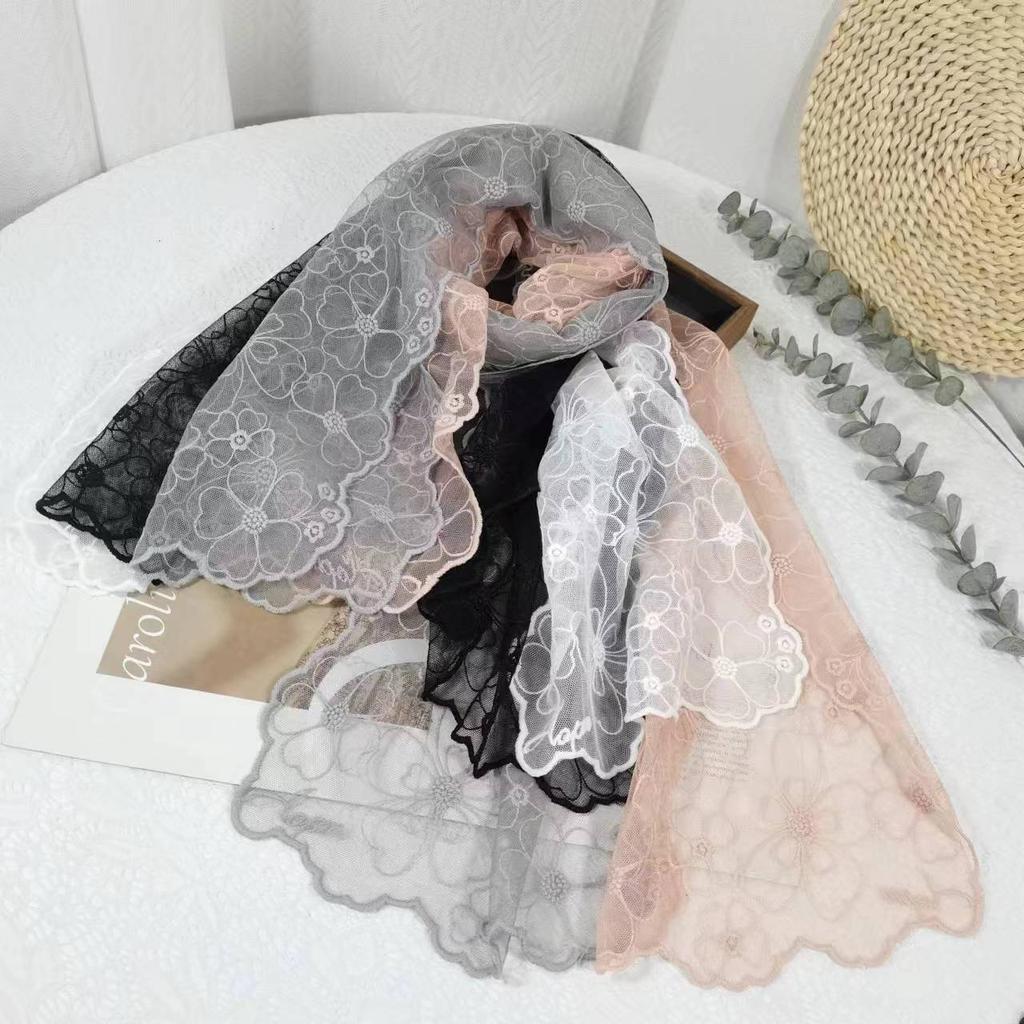 Korean Version Embroidery Lace Small Silk Scarf Spring and Summer Foreign Style Fashion Headscarf Headband Long Streamer