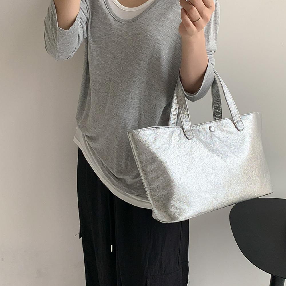 Korean Style Silver Tote Bag for Women Large Capacity Leather Handbag Casual Office Commuter Bag Luxury Shopper Handbags
