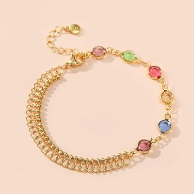 Women Gold Plated Multicolor Zircon Round Bead Charm Bracelet