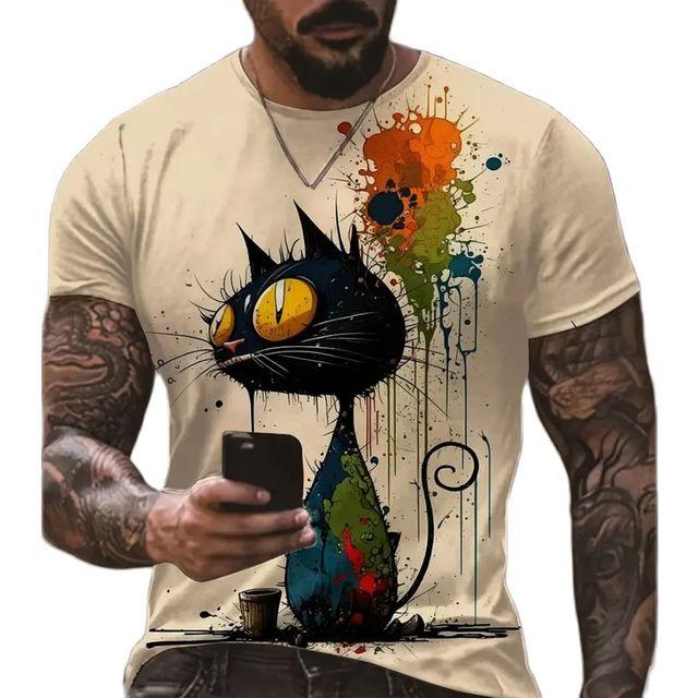 Men's T-Shirt Animation Cat Graffiti Pattern Short Sleeve T-Shirt Animal Print Tops Oversized Tees Summer Men's Clothing 4XL