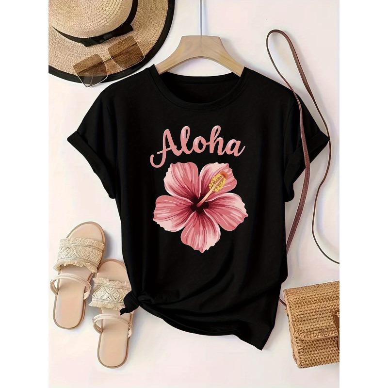 Women'S Hawaiian Hibiscus & Aloha Print T-Shirt - Short Sleeve Crew Neck Relaxed Fit, Vibrant Pink & Green Tropical Flower Design, Breathable Summe