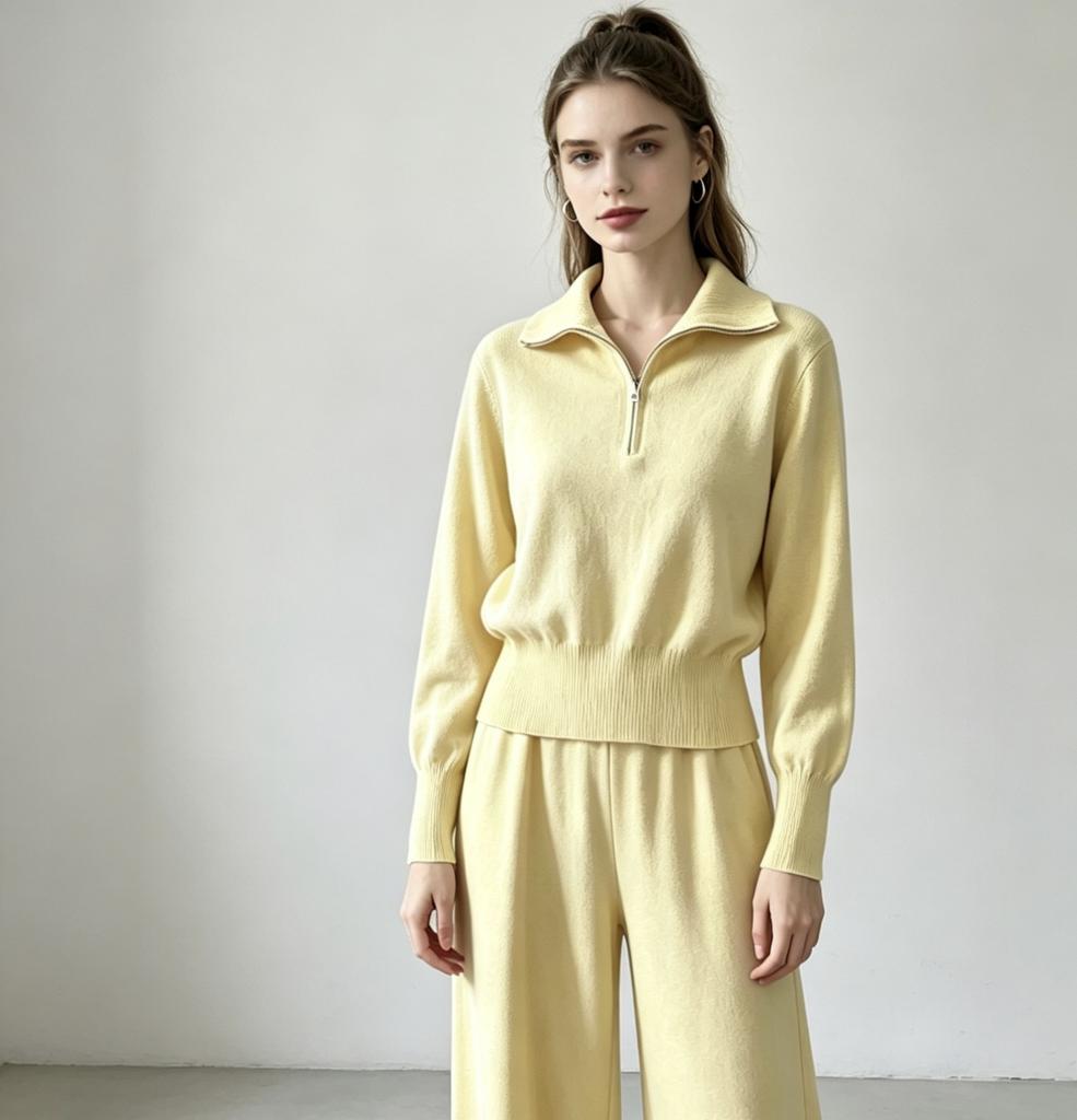 European and American casual knit set: women's half-zip sweater + high-waisted wide-leg pants, weighty two-piece set