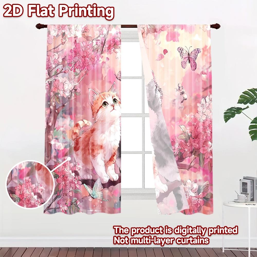 2D flat printing 2pcs Curtain Curtain Spring Cats and Blossoms Digital Printed Polyester Drapes Family Party Decoration Perfect