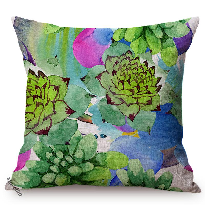 Lotus Florals Watercolor Art Home Decoration Sofa Throw Pillow Case Succulent Plants Flowers Luxury Cotton Linen Cushion Cover