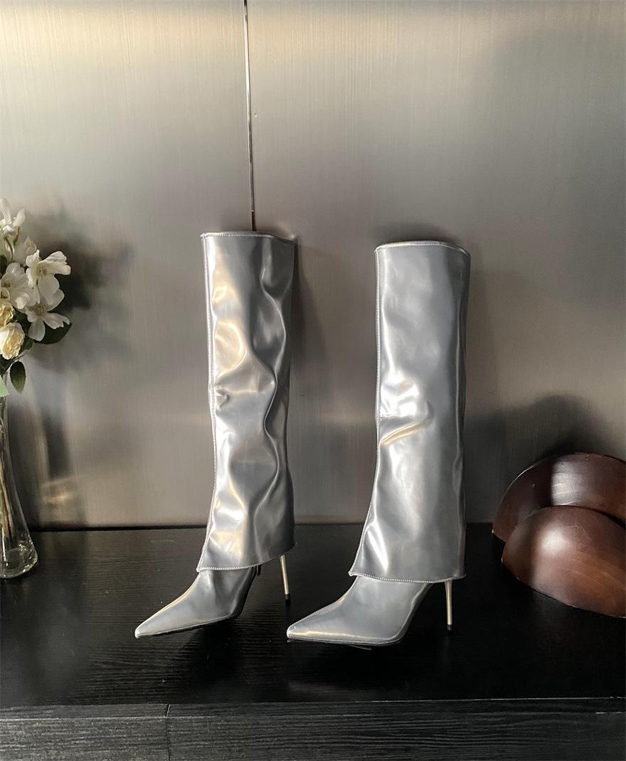 

2025 осень и зима новые европейская и американская мода интернет-знаменитость острый носок тонкий каблук модные тонкие темпераментные ботильоны на высоком каблуке 40 серебряный
