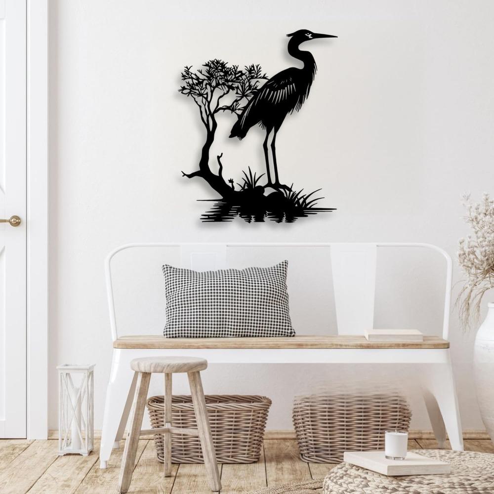 Metal Crane Wall Art, Japanese Style Black Decor for Living Room Bedroom Office