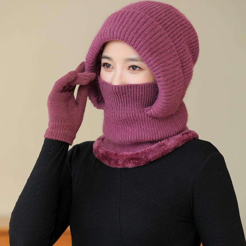 Rabbit wool blended warm hat lady mother winter scarf mask one-piece hat middle grandmother one-piece hat