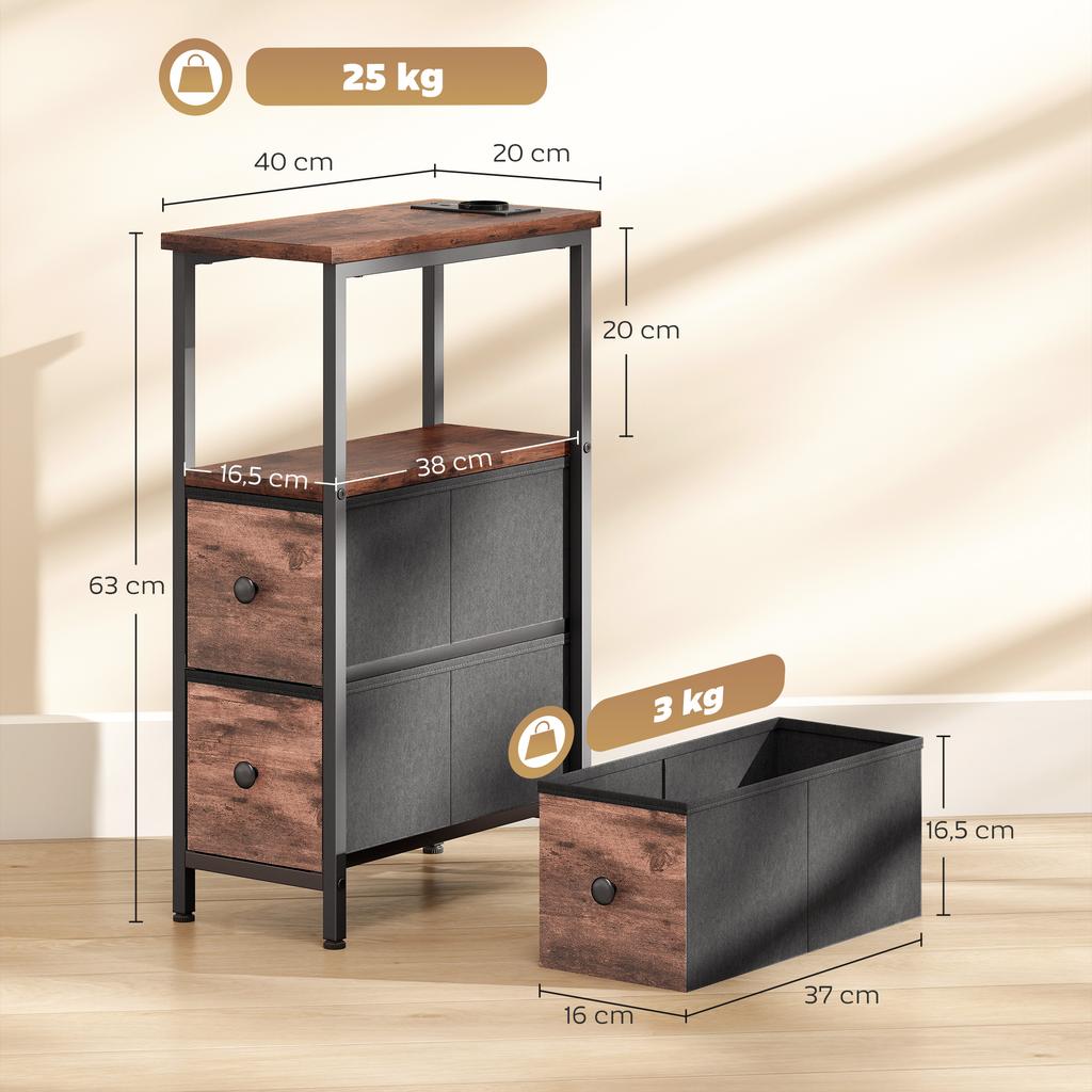 Side Table with Charging Station, Narrow Coffee Table, 2 Fabric Drawers, Open Shelf, Rustic Brown