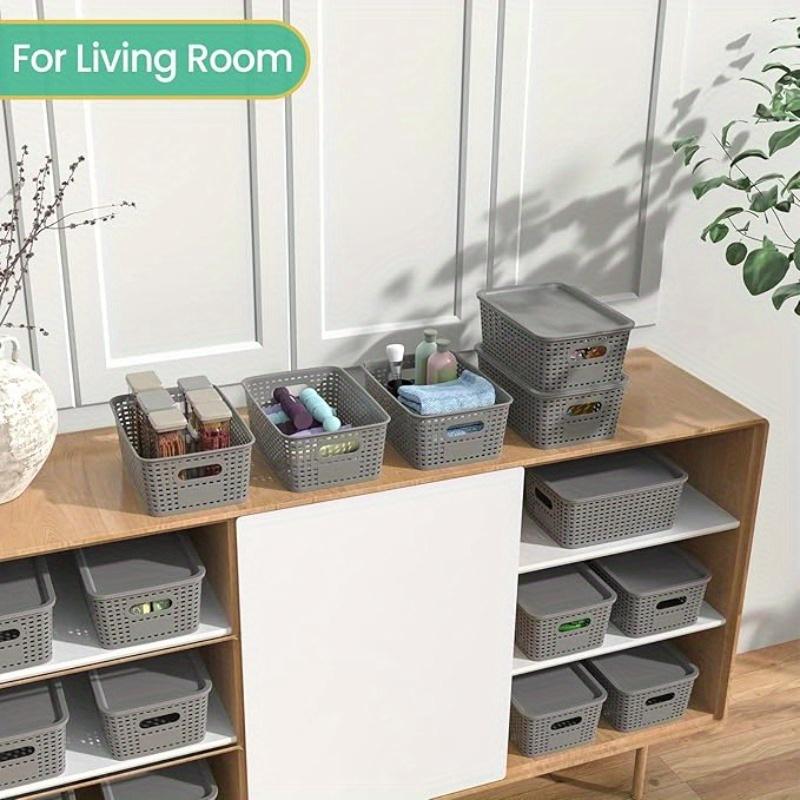 6pcs Stackable Plastic Storage Baskets with Lids, Transparent Organizer Bin with Handles for Home Office Pantry Shelf