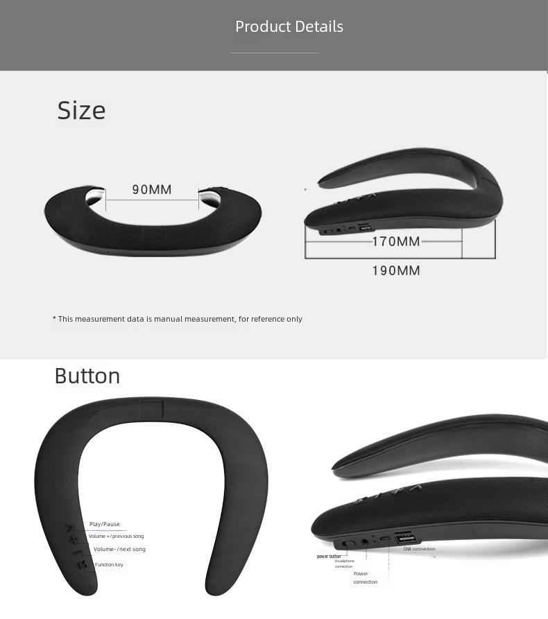 5D Stereo Wireless Bluetooth U-Shaped Neck Speaker & Microphone
