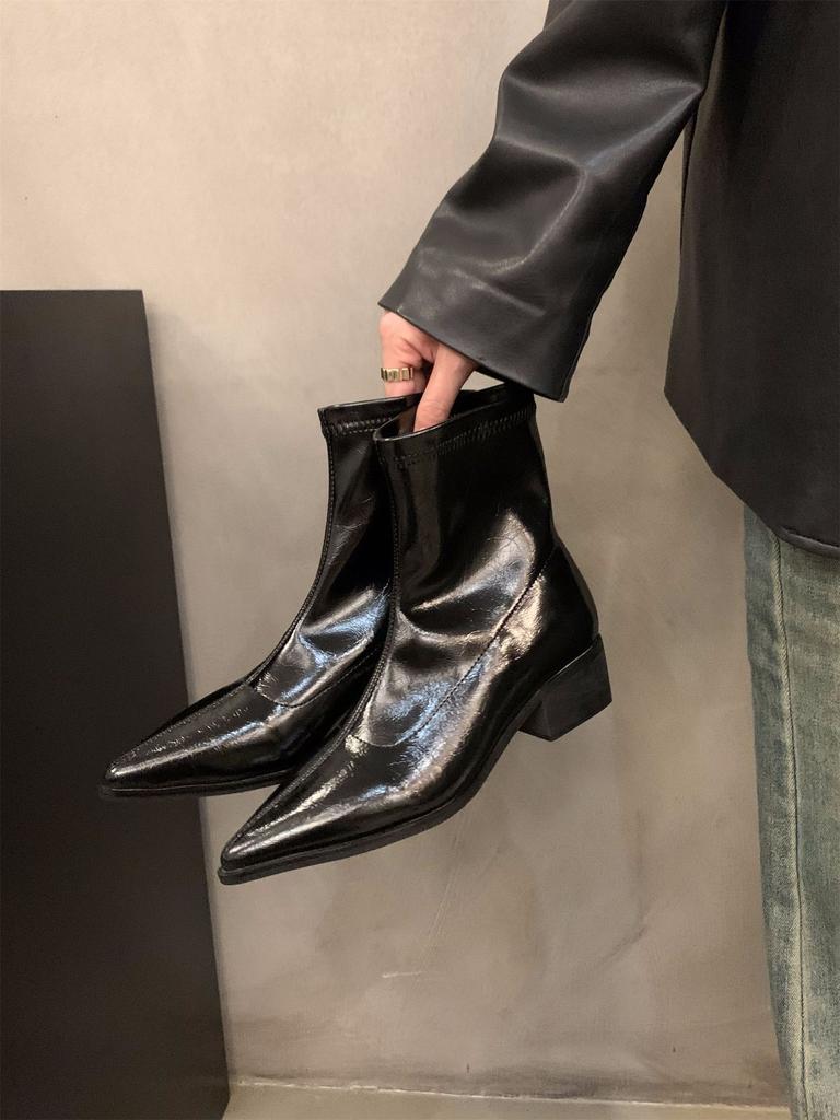 Korean Small Bare Boots Black Pointed Short Boots Women's Shoes 2025 New Autumn and Winter Foreign Style Brown Thick Heel Thin Boots