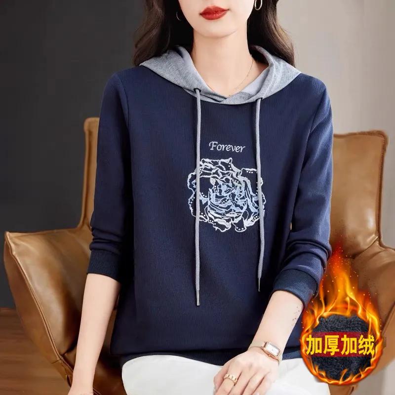 

Hooded Pullover Sweatshirt for Women 2025 Autumn and Winter New Thickened Velvet Right Shoulder Loose Women s Long-sleeved Top L бежевий