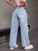 Women's Light Blue Wide-Leg Washed Jeans - Sweet European & American Style