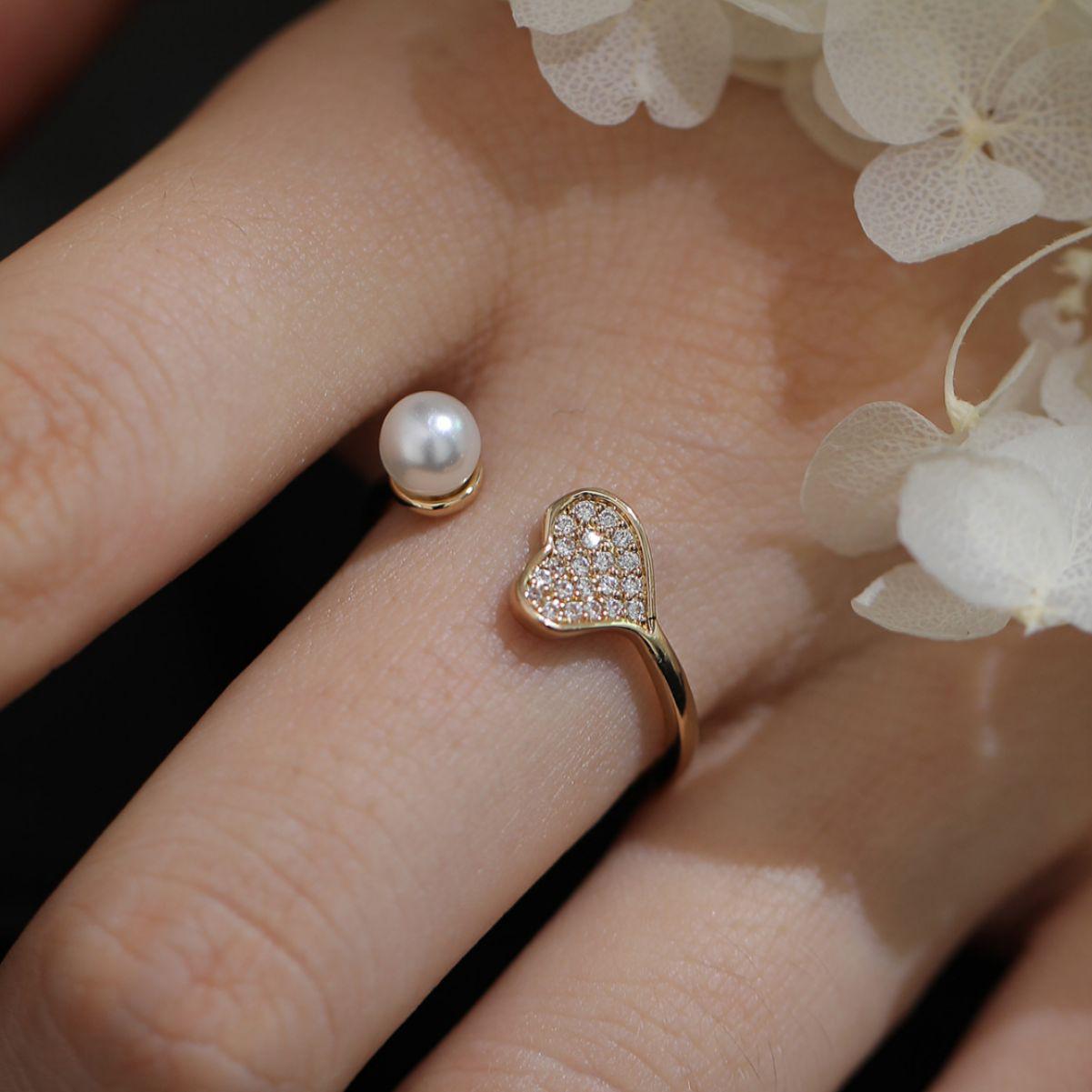 

Trendy Minimalist Heart Pearl Zircon Micro-Paved Open Ring for Women