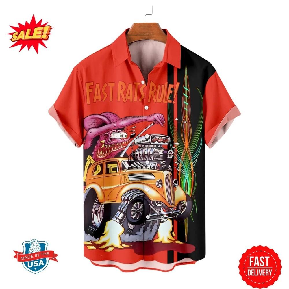 Гавайская рубашка Rat Fink - Классическая Kustom Kulture, Мультяшный Hot Rod, Ретро Стиль, Унисекс Футболка XXXXL