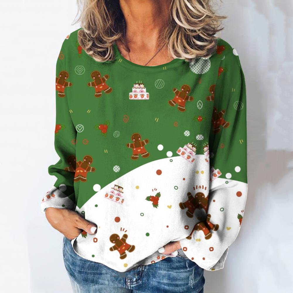 

Пряничная фигурка с 3D-принтом, женская футболка, осенняя, с круглым вырезом, с длинными рукавами, повседневная одежда больших размеров, хлопковый топ, футболка, новая XL