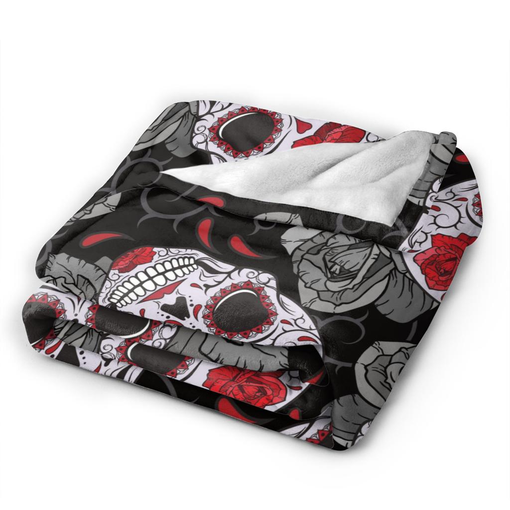 Sugar Skull Rose Halloween Knitted Blanket Flannel Gothic Day of the Dead Warm Throw Blankets for Bed Bedspread