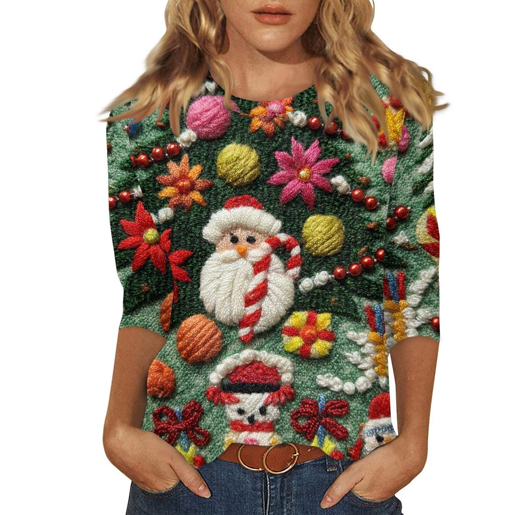Women's Fashionable Casual Three Quarter Sleeve Christmas Printed Round Neck Top