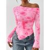 Autumn Women Off Shoulder Tie Dye Mesh Long Sleeve Asymmetric Ruched Flower Pattern Female Tops