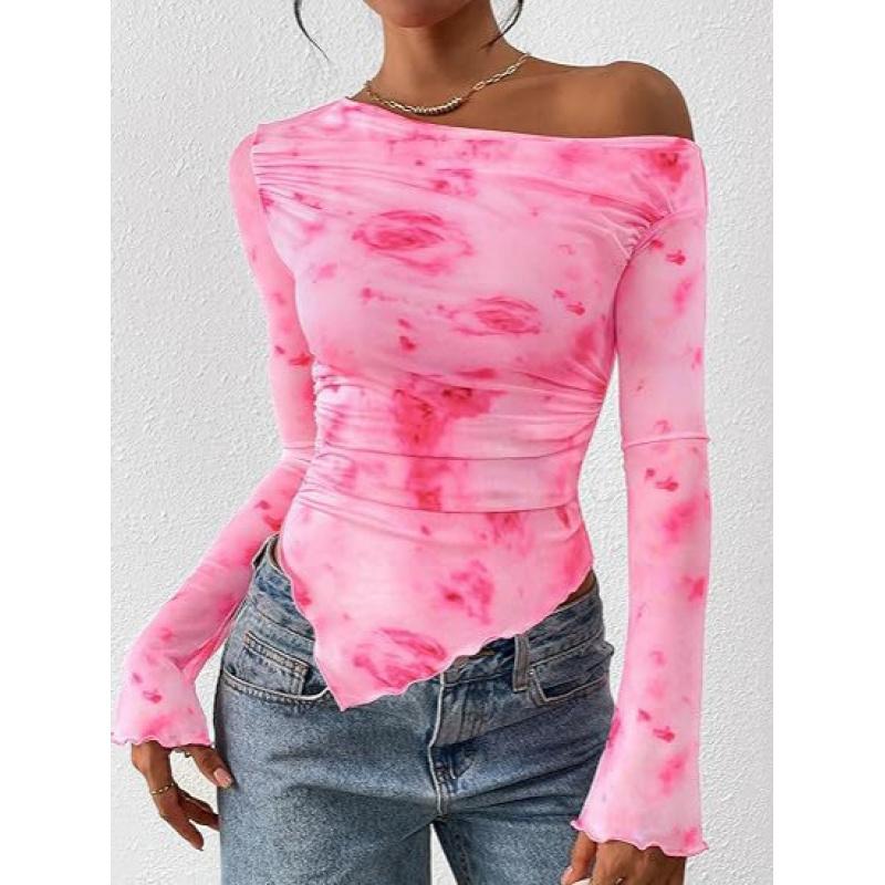 Autumn Women Off Shoulder Tie Dye Mesh Long Sleeve Asymmetric Ruched Flower Pattern Female Tops