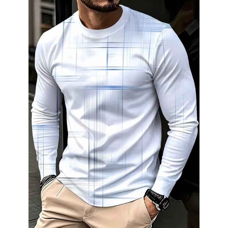 Men's 3D stripe printed long-sleeved T-shirt, comfortable, breathable and versatile men's top