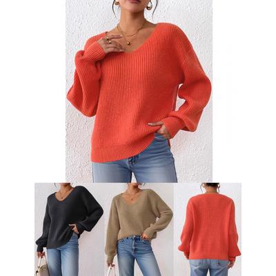 Einfarbiger Pullover Herbst Winter V-Ausschnitt Lässiger Pullover Locker Gestrickter Pullover Damenbekleidung