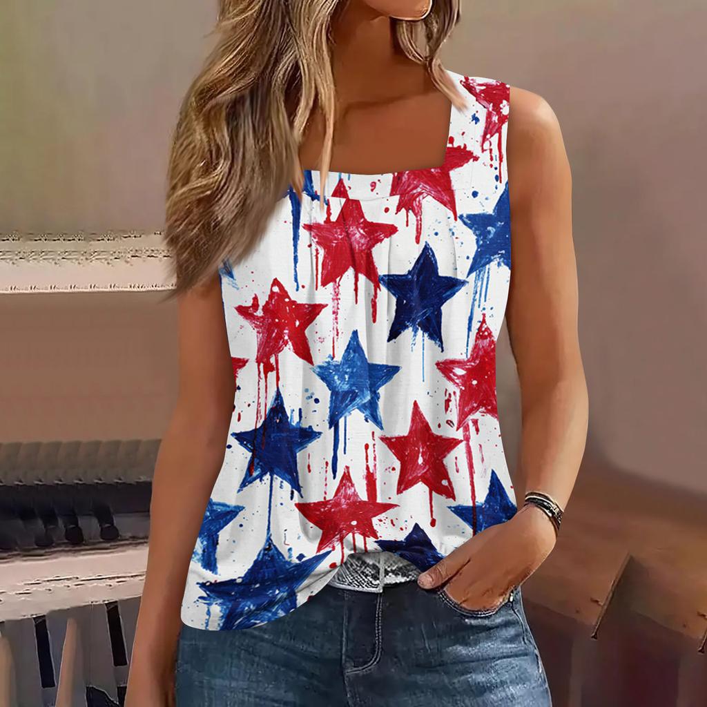 Square Collar Tank Top Women Print Tank Tee Casual Loose Fit Sleeveless Shirt