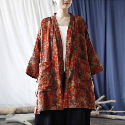 Frauen Vintage Print Floral Shirts Tops Patchwork Taschen Herbst Frauen V-Ausschnitt Fledermaus Ärmel Blusen