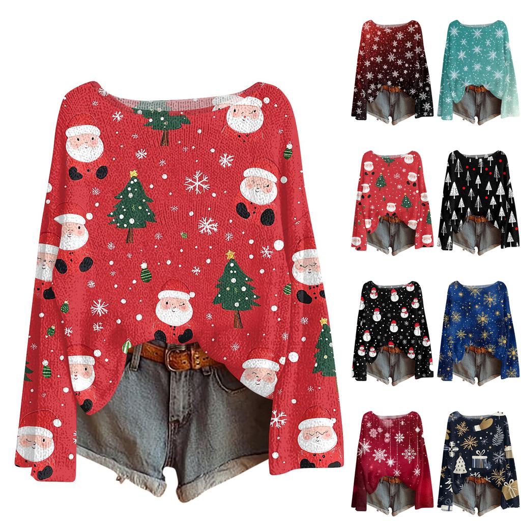 Women's Round Neck Lightweight Sweater Casual Long Sleeve Christmas Print Knit Pullover.