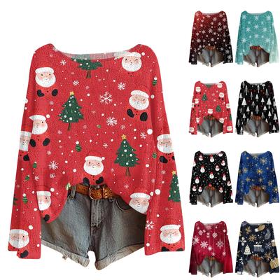 Women's Round Neck Lightweight Sweater Casual Long Sleeve Christmas Print Knit Pullover.