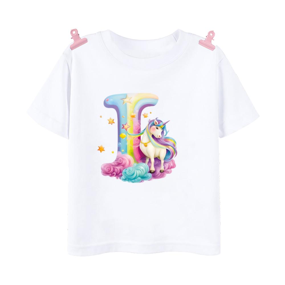 Unicorn Rainbow Initial A-Z Printed Kids Shirt Child Summer T-shirt Boys Girls Short Sleeve Tops Clothes Cute Toddles Outfit Tee