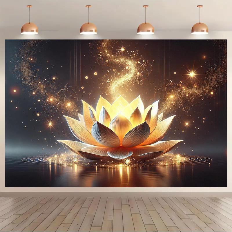 Stralende Lotusbloem Wandkleed Voor Meditatie Ruimte Decor, Met Een Verbluffend Gedetailleerde Gouden Lotusbloem Die Opkomt