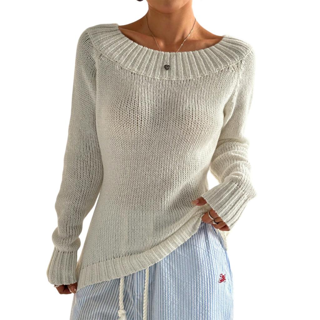 Women's Fashion Casual Long Sleeve One Shoulder Pullover Off-shoulder Knitted Sweater