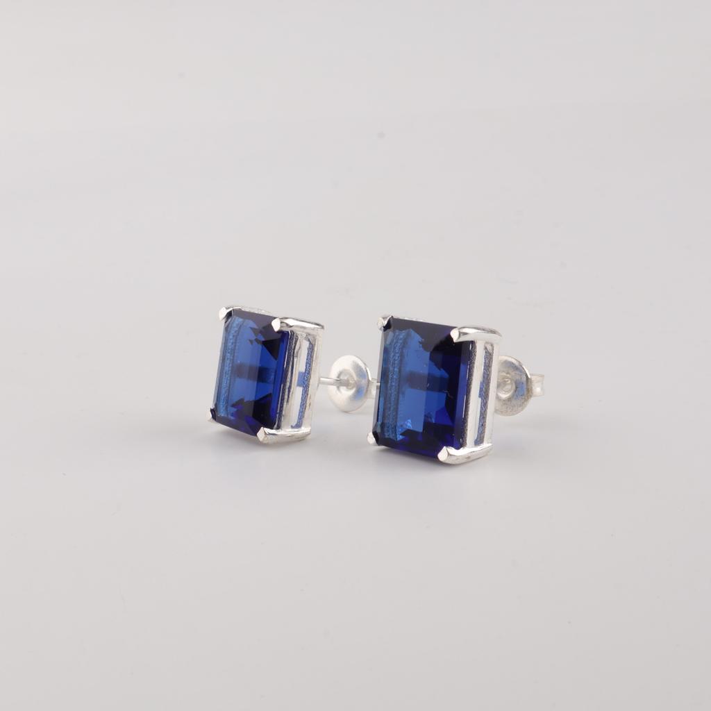 Blue Sapphire Gemstone 925 Sterling Silver Handmade Jewelry Partywear Stud Earrings 0.4" , September Birthstone, Anniversary Gift For Her EE-179-4