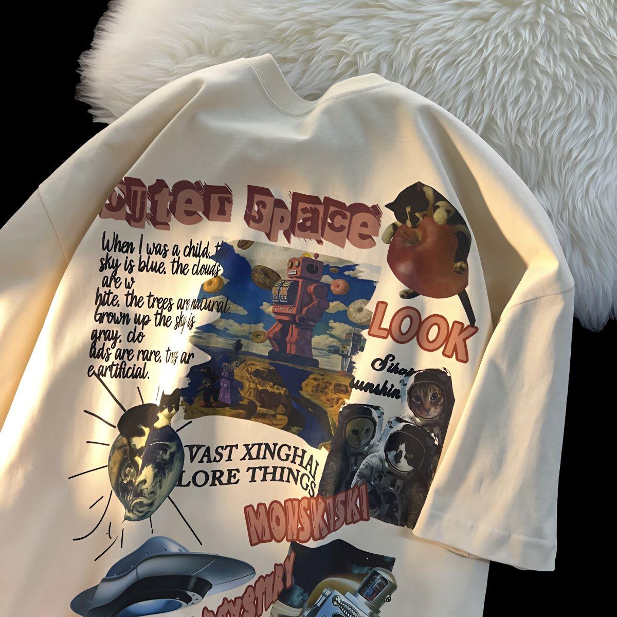 

Хлопковая футболка с короткими рукавами с американским уличным принтом для мужчин и женщин Summer Tide Бренд Ретро High Street Пара Мужские футболки с короткими рукавами Tide S бежевый