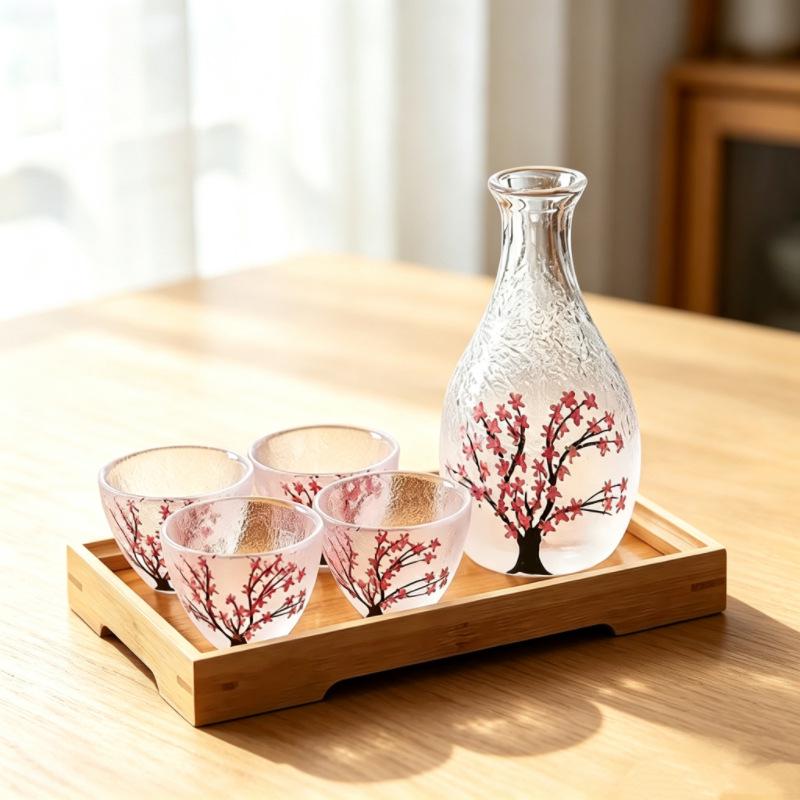 Japanese Plum Blossom Sake Set: Glass Warmer Pot & Wine Cup for Shochu and Baijiu