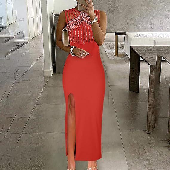 Abito aderente senza maniche impreziosito da strass con spacco laterale Elegante Abito da sera formale Vestibilità attillata Lunghezza lunga Abito da festa
