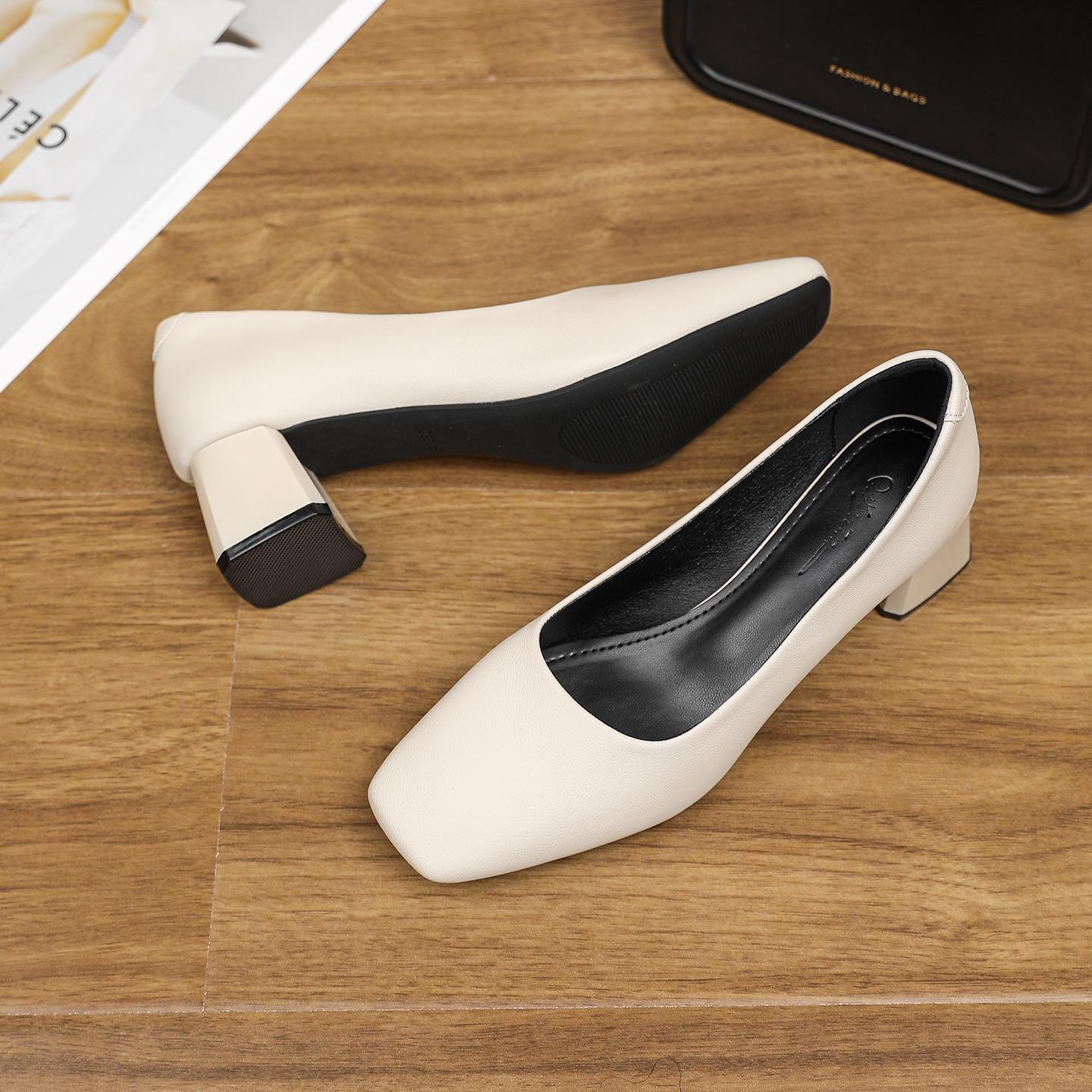 

2025 Women s Black Soft Leather Square Toe Chunky Heel Formal Work Heels for Professional Attire 35