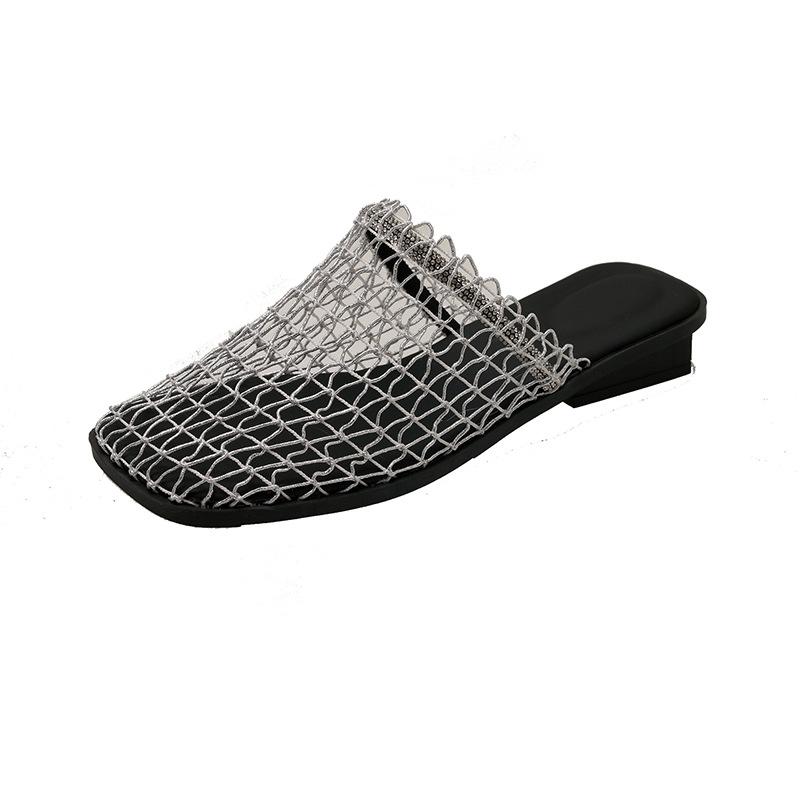French low-heeled fishing net shoes mesh hollow bag head half slippers women's summer wear 2025 new hole cool slippers