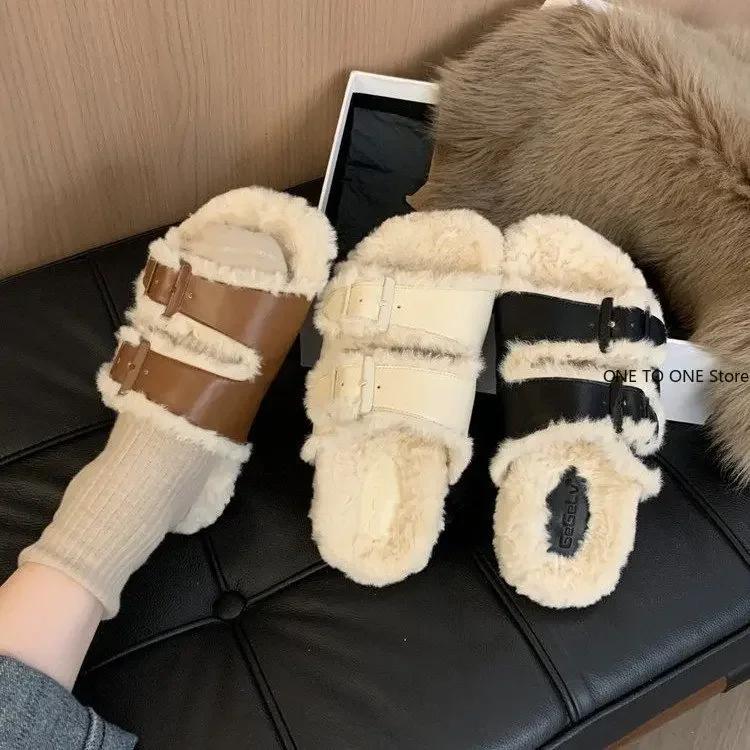 Fashion Womens Slippers Outdoor Slides Pantofle Flock Platform Fur Flip Flops 2025 Flat Plush Autumn Fabric Rome Shoes House Med Shoes