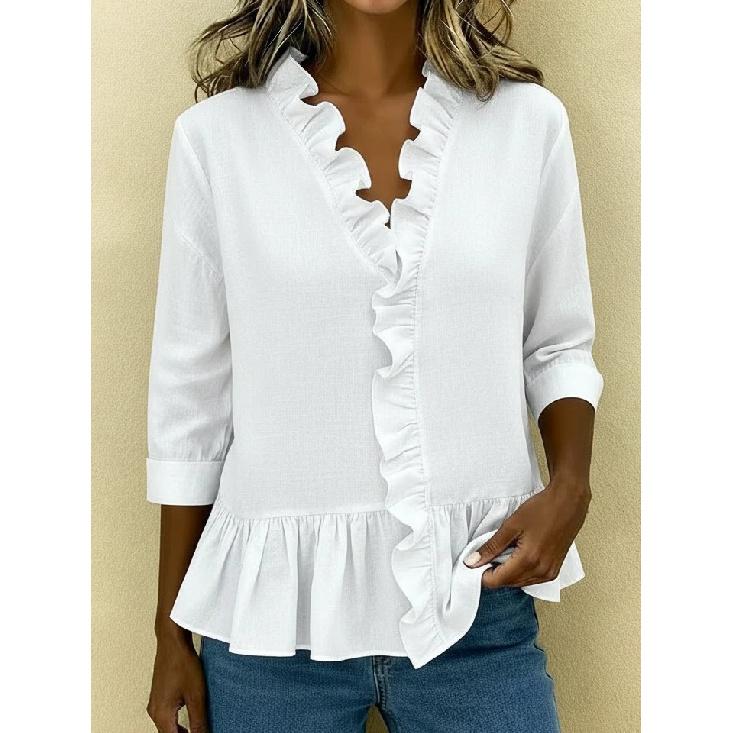 2026 Summer New Women's Solid Color Ruffle T-Shirt, Casual Three-Quarter Sleeve Blouse for Women