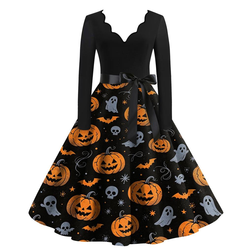 Women's Halloween Printed Long Maxi Dress for Costume Party