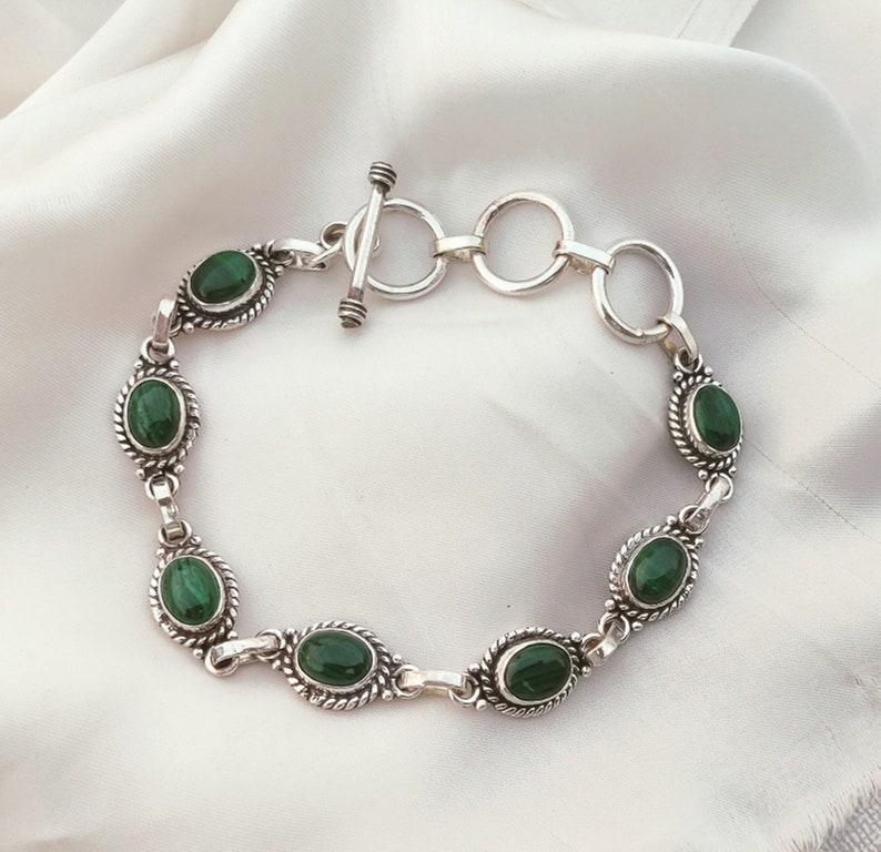 

Прочный стерлинговое серебро 925 пробы Малахит Драгоценный камень Бохо Дизайнерский Подарок на день рождения Ручной работы Теннисный браслет 7.5 inch