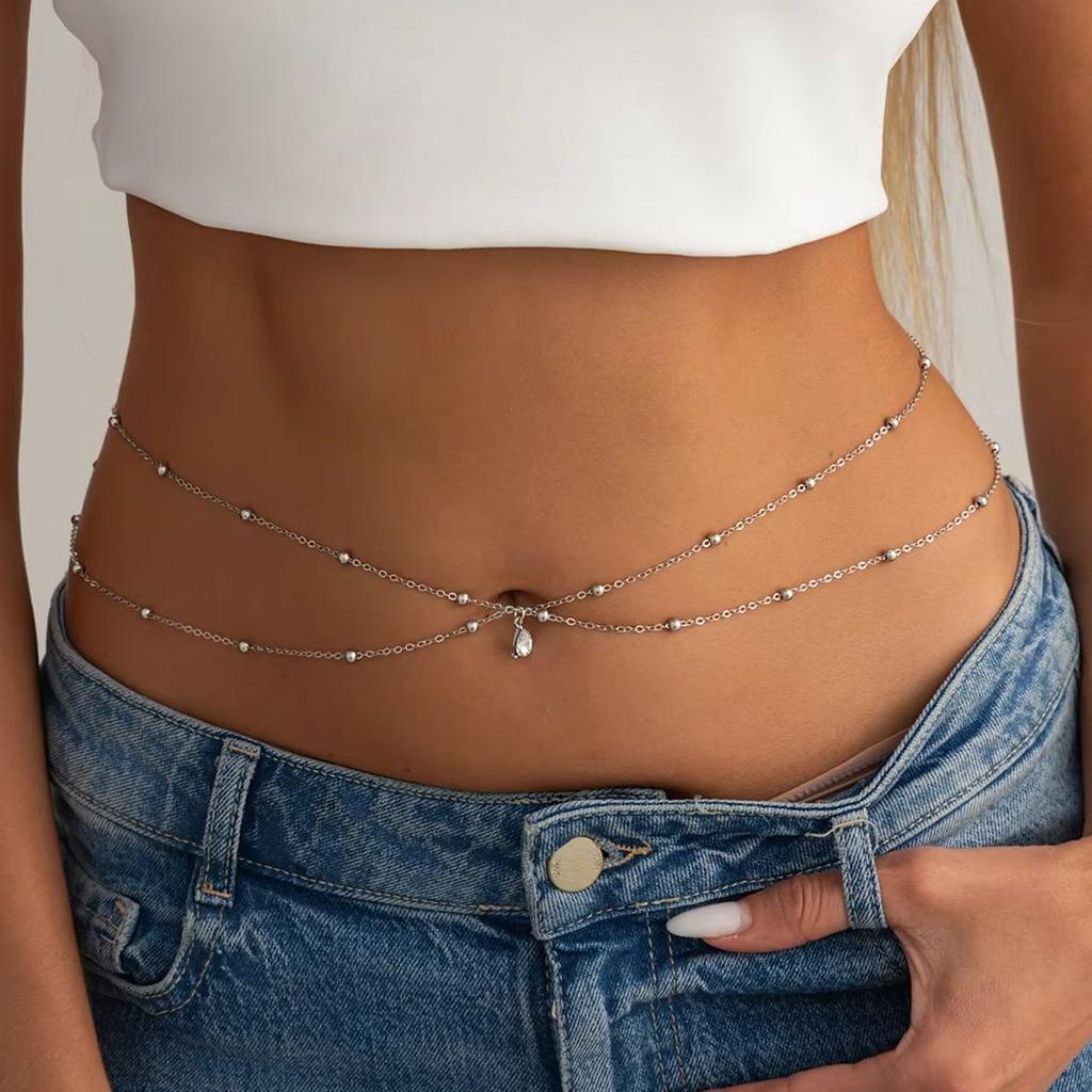 KunJoe Fashion Double Layer Glass Drill Waist Chain Women Simple Gold Color Metal Cross Bead Body Chain Bikini Jewelry Acessory